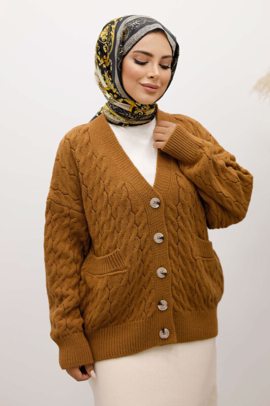 Düğmeli Cepli Triko Hırka TSD250225 Taba - 2