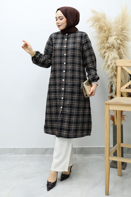 Düğmeli Ekose Takım TSD260154 Acı Kahve - Tesettür Dünyası