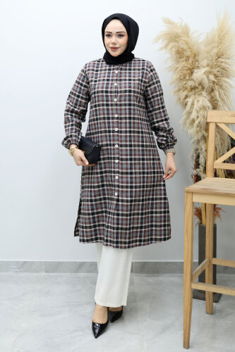 Düğmeli Ekose Takım TSD260154 Gri - 1