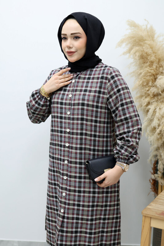 Düğmeli Ekose Takım TSD260154 Gri - Tesettür Dünyası (1)