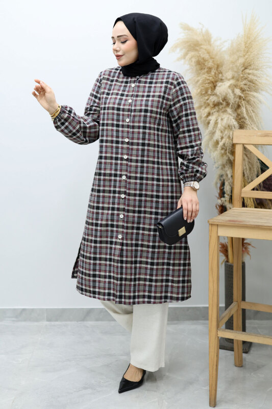 Düğmeli Ekose Takım TSD260154 Gri - 3