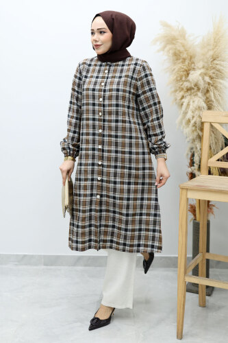 Düğmeli Ekose Takım TSD260154 Kahverengi 