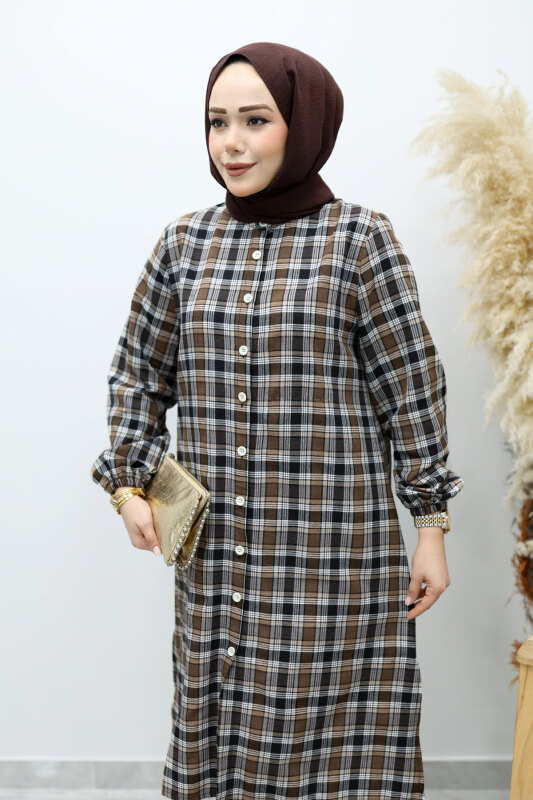 Düğmeli Ekose Takım TSD260154 Kahverengi - Tesettür Dünyası (1)