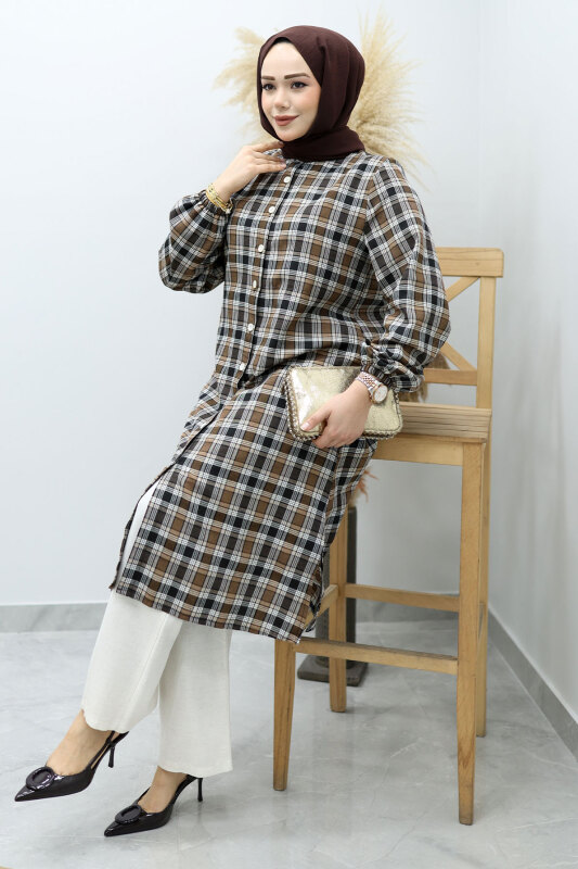 Düğmeli Ekose Takım TSD260154 Kahverengi - 3