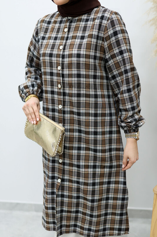 Düğmeli Ekose Takım TSD260154 Kahverengi - 4