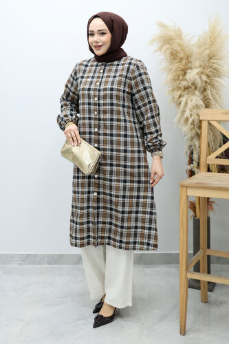 Düğmeli Ekose Takım TSD260154 Kahverengi - 5