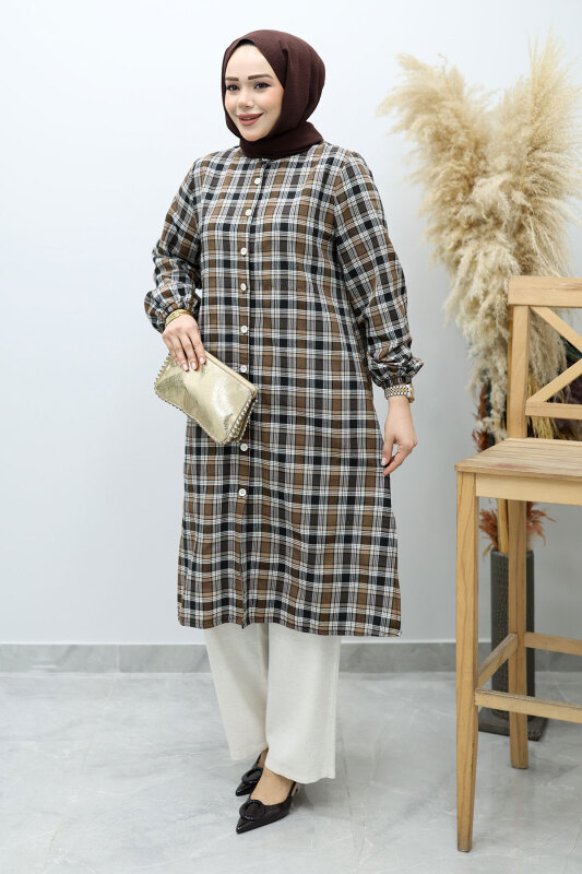 Düğmeli Ekose Takım TSD260154 Kahverengi - 5