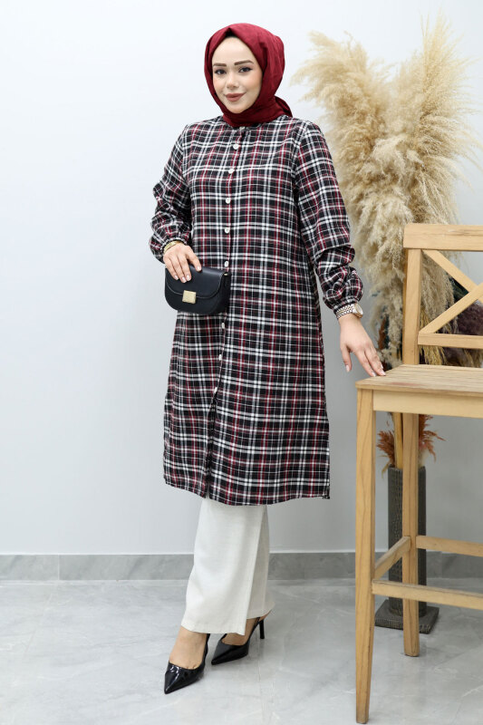 Düğmeli Ekose Takım TSD260154 Kırmızı - Tesettür Dünyası