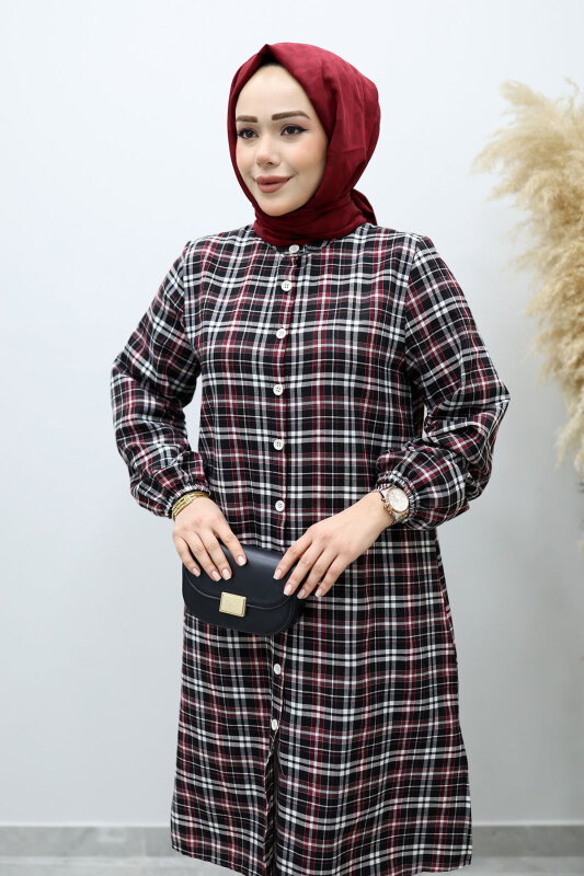 Düğmeli Ekose Takım TSD260154 Kırmızı - Tesettür Dünyası (1)