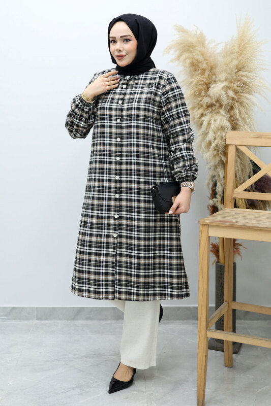 Düğmeli Ekose Takım TSD260154 Sütlü Kahve - Tesettür Dünyası