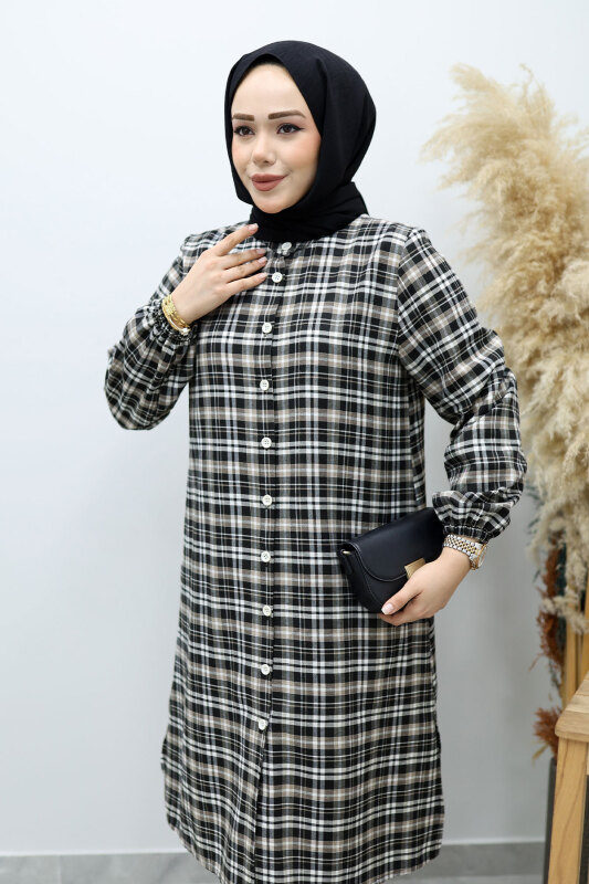 Düğmeli Ekose Takım TSD260154 Sütlü Kahve - Tesettür Dünyası (1)