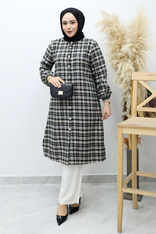 Düğmeli Ekose Takım TSD260154 Sütlü Kahve - 3