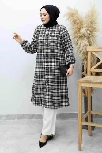 Düğmeli Ekose Takım TSD260154 Sütlü Kahve - 5