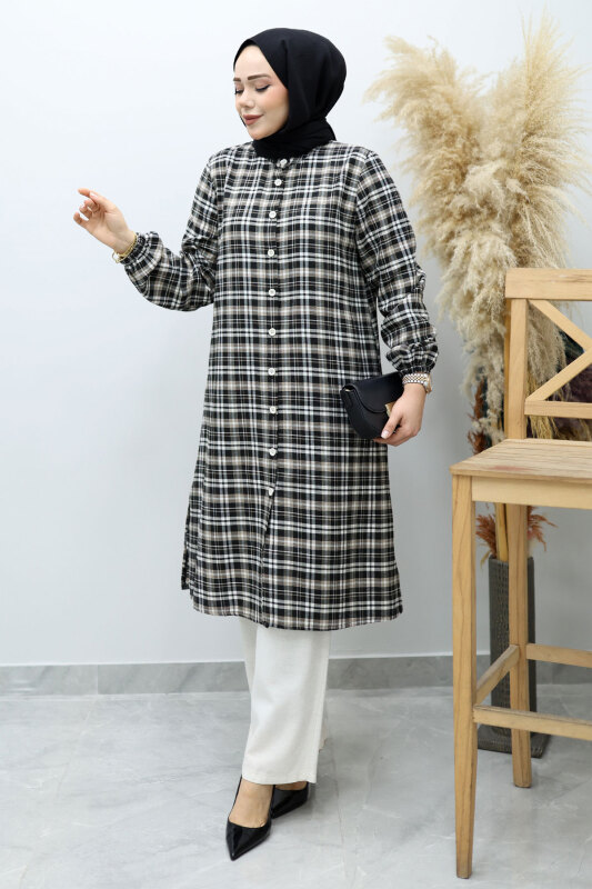 Düğmeli Ekose Takım TSD260154 Sütlü Kahve - 5