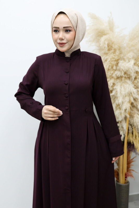 Düğmeli Hakim Yaka Ferace TSD260141 Mürdüm - Tesettür Dünyası (1)