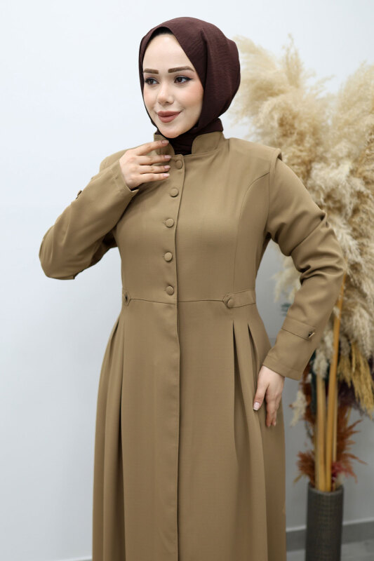 Düğmeli Hakim Yaka Ferace TSD260141 Vizon - Tesettür Dünyası (1)