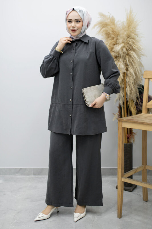 Düğmeli Modal Takım TSD260169 Füme - Tesettür Dünyası