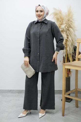 Düğmeli Modal Takım TSD260169 Füme - 3