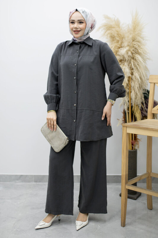 Düğmeli Modal Takım TSD260169 Füme - 3