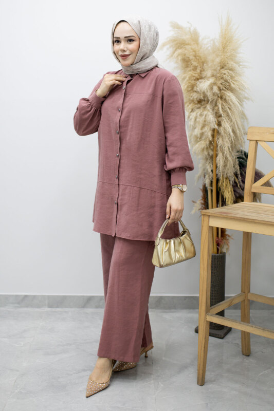 Düğmeli Modal Takım TSD260169 Gül Kurusu - Tesettür Dünyası