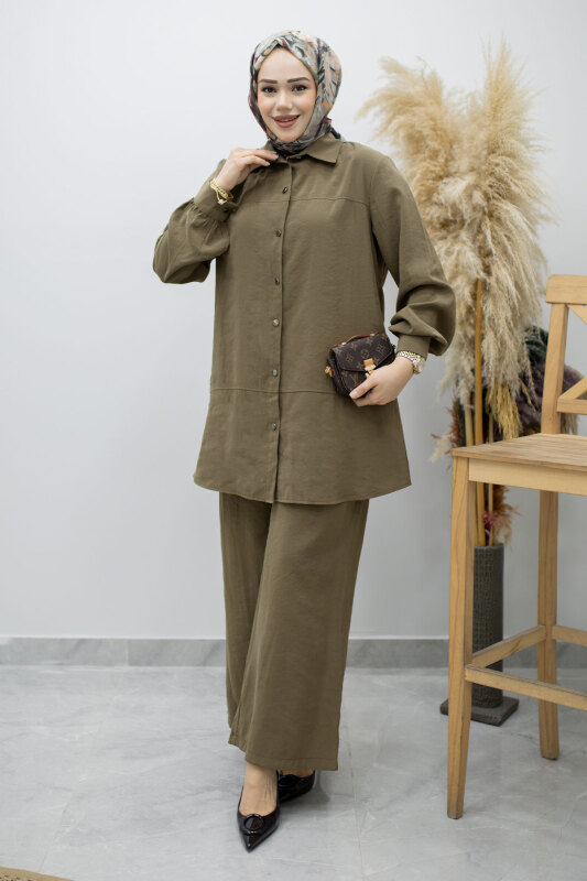 Düğmeli Modal Takım TSD260169 Haki - Tesettür Dünyası