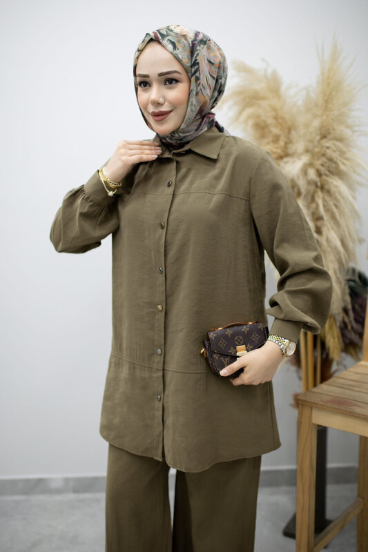 Düğmeli Modal Takım TSD260169 Haki - Tesettür Dünyası (1)