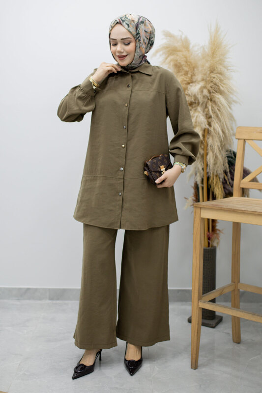 Düğmeli Modal Takım TSD260169 Haki - 3