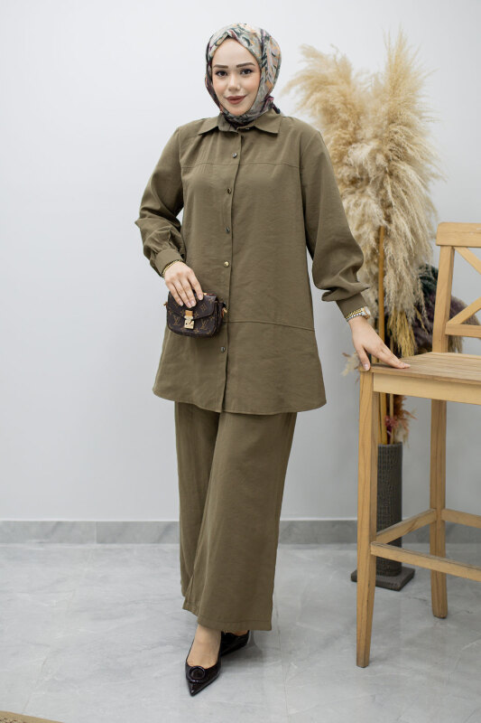 Düğmeli Modal Takım TSD260169 Haki - 5