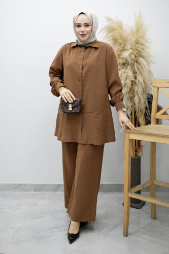 Düğmeli Modal Takım TSD260169 Kahverengi 