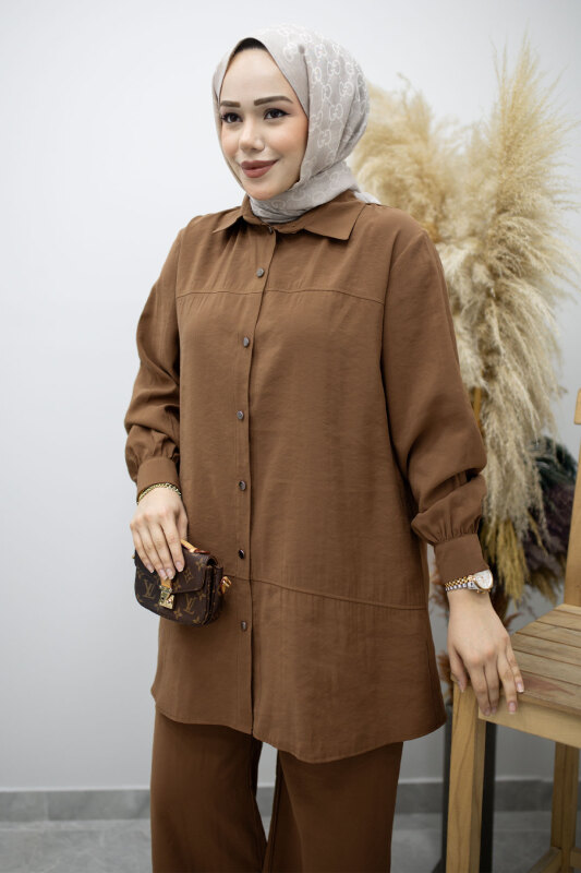Düğmeli Modal Takım TSD260169 Kahverengi - Tesettür Dünyası (1)