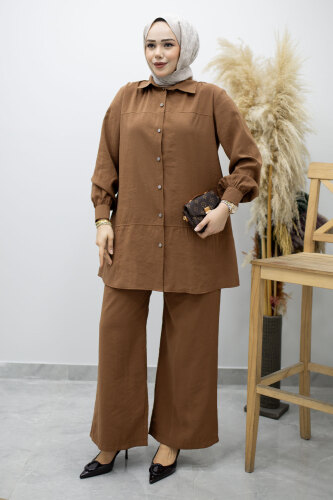 Düğmeli Modal Takım TSD260169 Kahverengi - 3