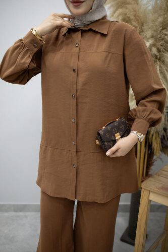 Düğmeli Modal Takım TSD260169 Kahverengi - 4