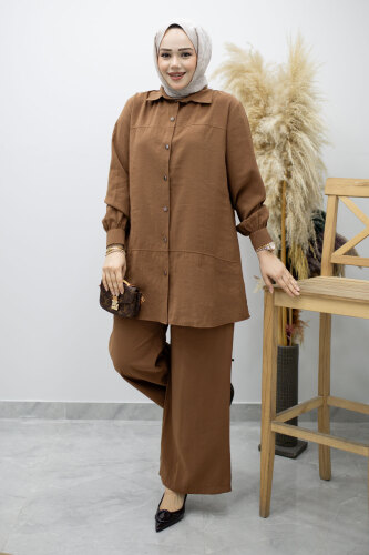 Düğmeli Modal Takım TSD260169 Kahverengi - 5