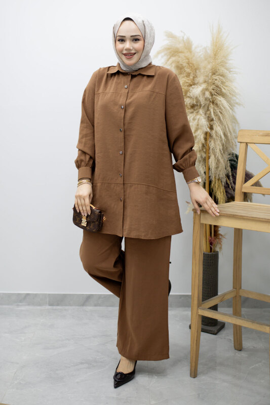 Düğmeli Modal Takım TSD260169 Kahverengi - 5