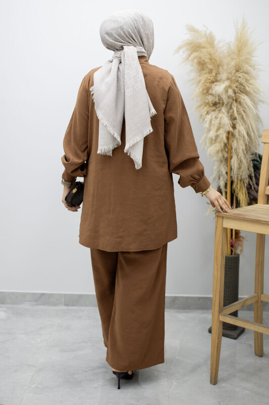 Düğmeli Modal Takım TSD260169 Kahverengi - 6