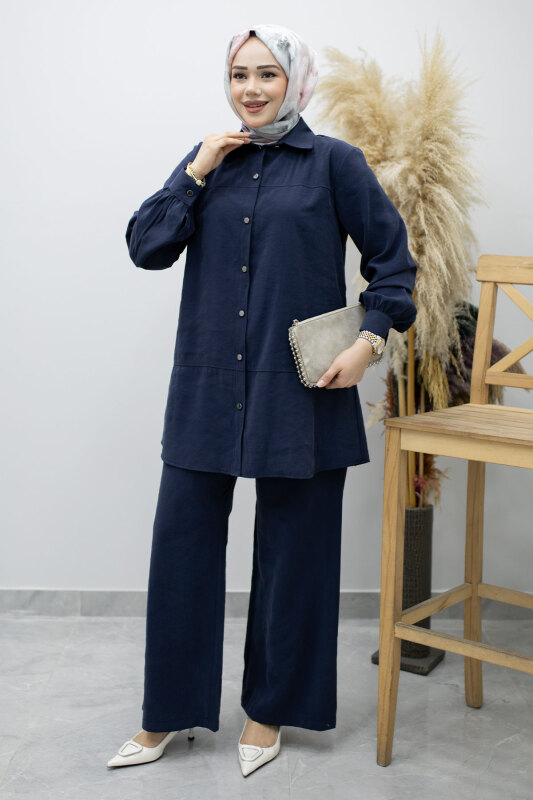 Düğmeli Modal Takım TSD260169 Lacivert - Tesettür Dünyası