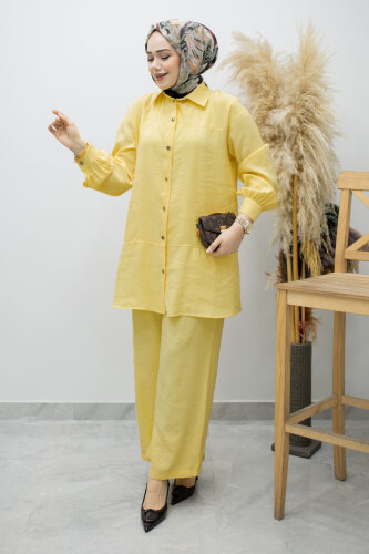 Düğmeli Modal Takım TSD260169 Sarı 