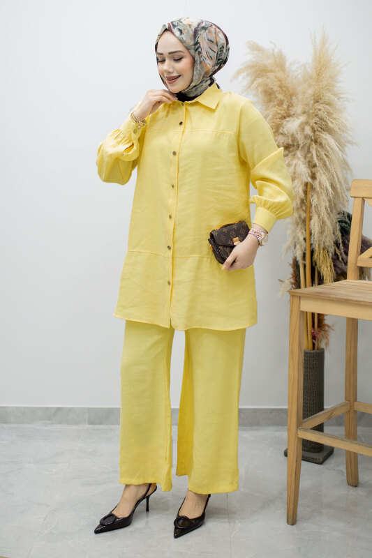 Düğmeli Modal Takım TSD260169 Sarı - 5