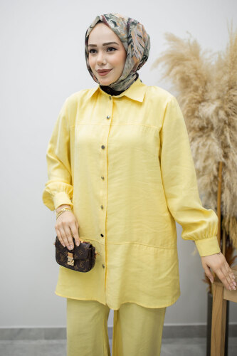 Düğmeli Modal Takım TSD260169 Sarı - Tesettür Dünyası (1)