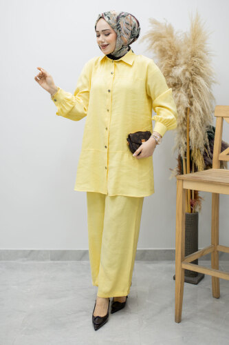 Düğmeli Modal Takım TSD260169 Sarı - Tesettür Dünyası