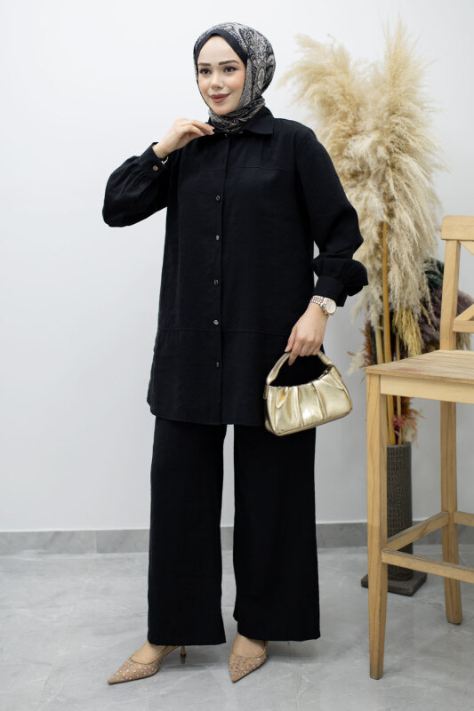 Düğmeli Modal Takım TSD260169 Siyah - Tesettür Dünyası