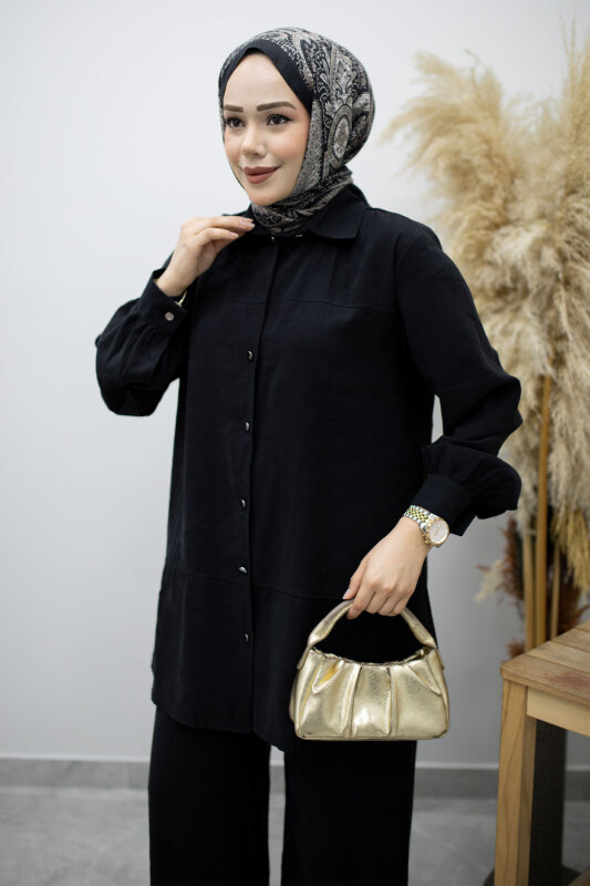Düğmeli Modal Takım TSD260169 Siyah - Tesettür Dünyası (1)