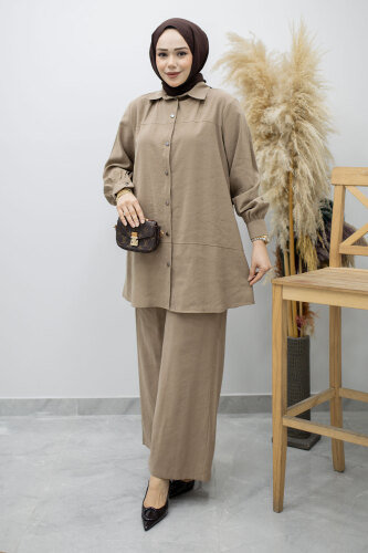 Düğmeli Modal Takım TSD260169 Vizon 