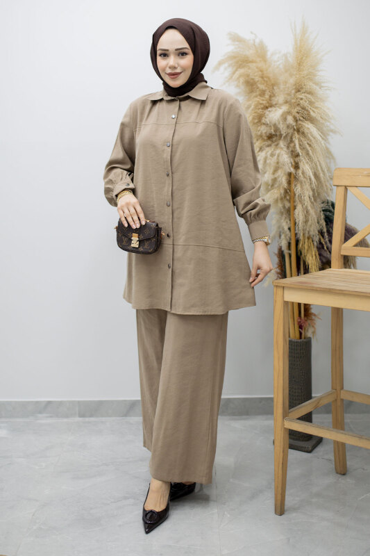 Düğmeli Modal Takım TSD260169 Vizon - Tesettür Dünyası