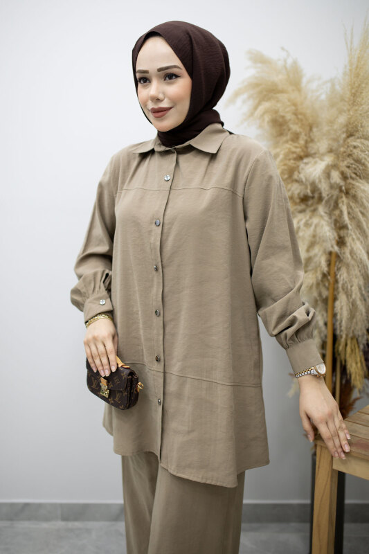 Düğmeli Modal Takım TSD260169 Vizon - Tesettür Dünyası (1)