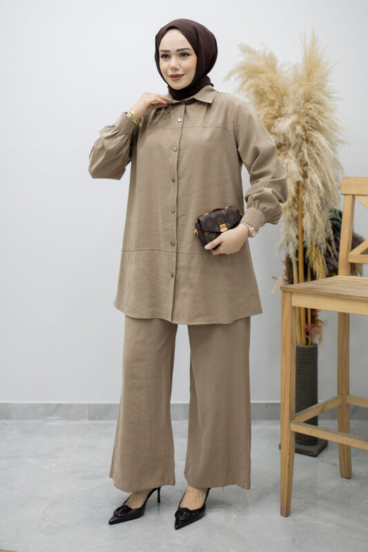 Düğmeli Modal Takım TSD260169 Vizon - 3