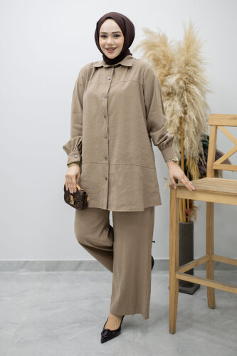 Düğmeli Modal Takım TSD260169 Vizon - 5