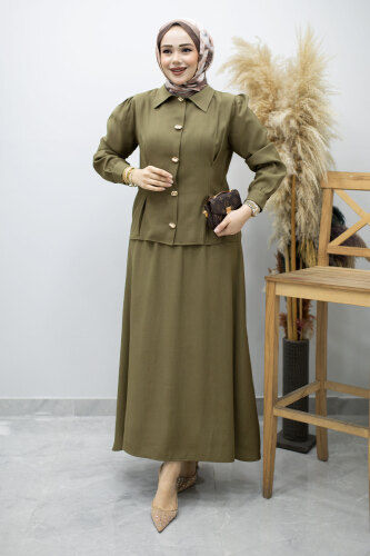 Düğmeli Pens Detaylı Etekli Takım TSD260188 Haki 