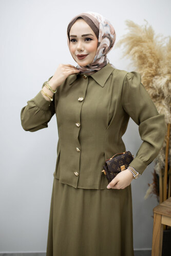 Düğmeli Pens Detaylı Etekli Takım TSD260188 Haki - 2