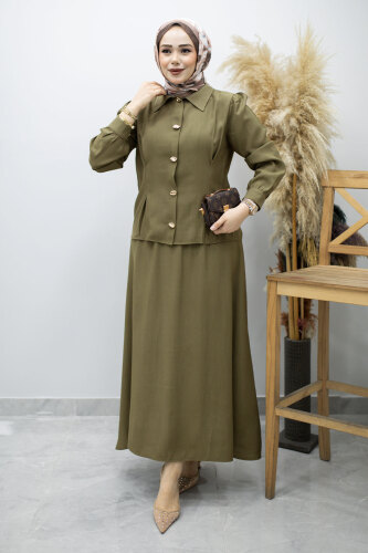 Düğmeli Pens Detaylı Etekli Takım TSD260188 Haki - 3